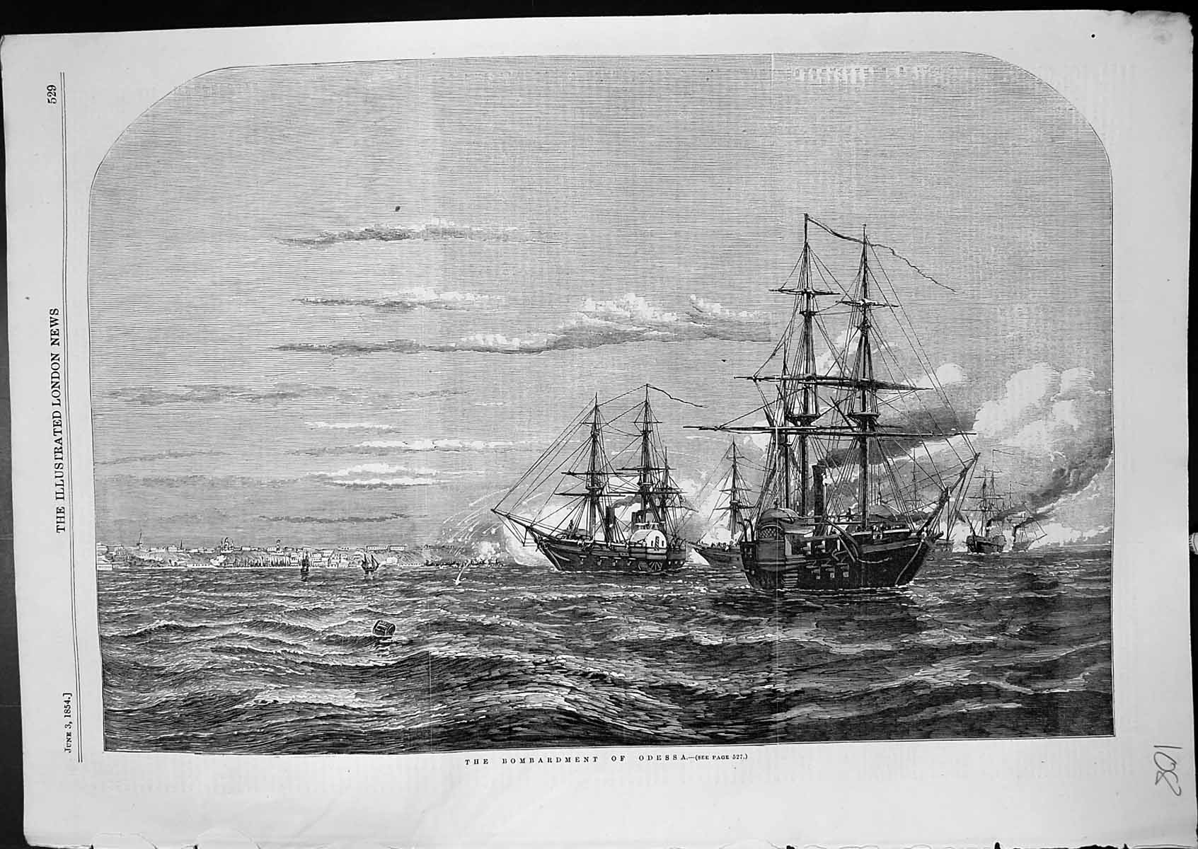 Original Old Antique Print Bombardment Odessa Battleships Sea