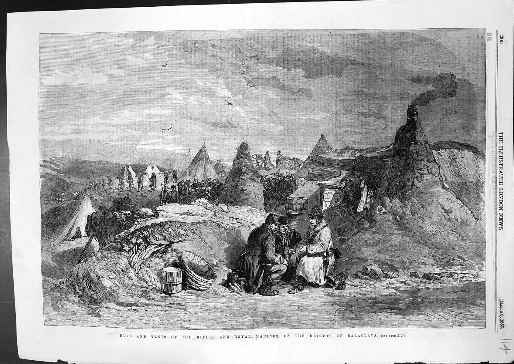 Old Antique Print Huts Tents Rifles Royal Marines Heights Balaclava 1855 19th