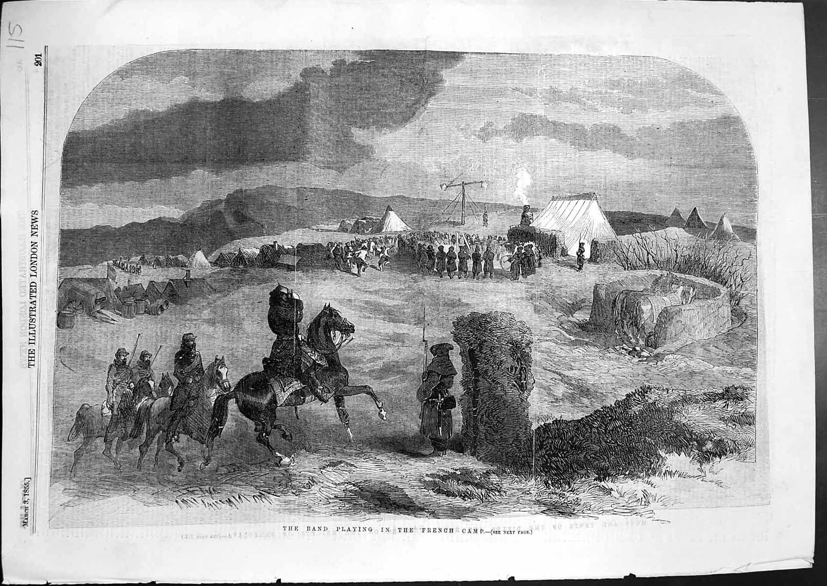 Antique Old Print Band Playing French Camp General Canrobert Balaclava 1855