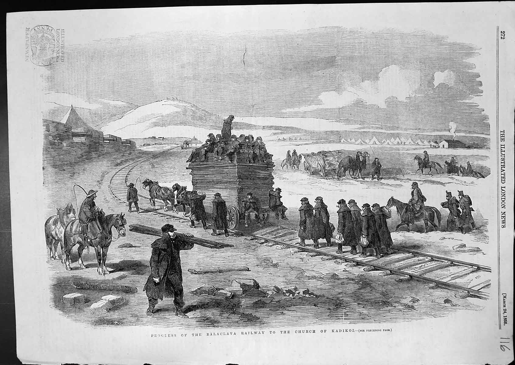 Original Old Antique Print Progress Balaclava Railway Church Kadikol 1855 19th