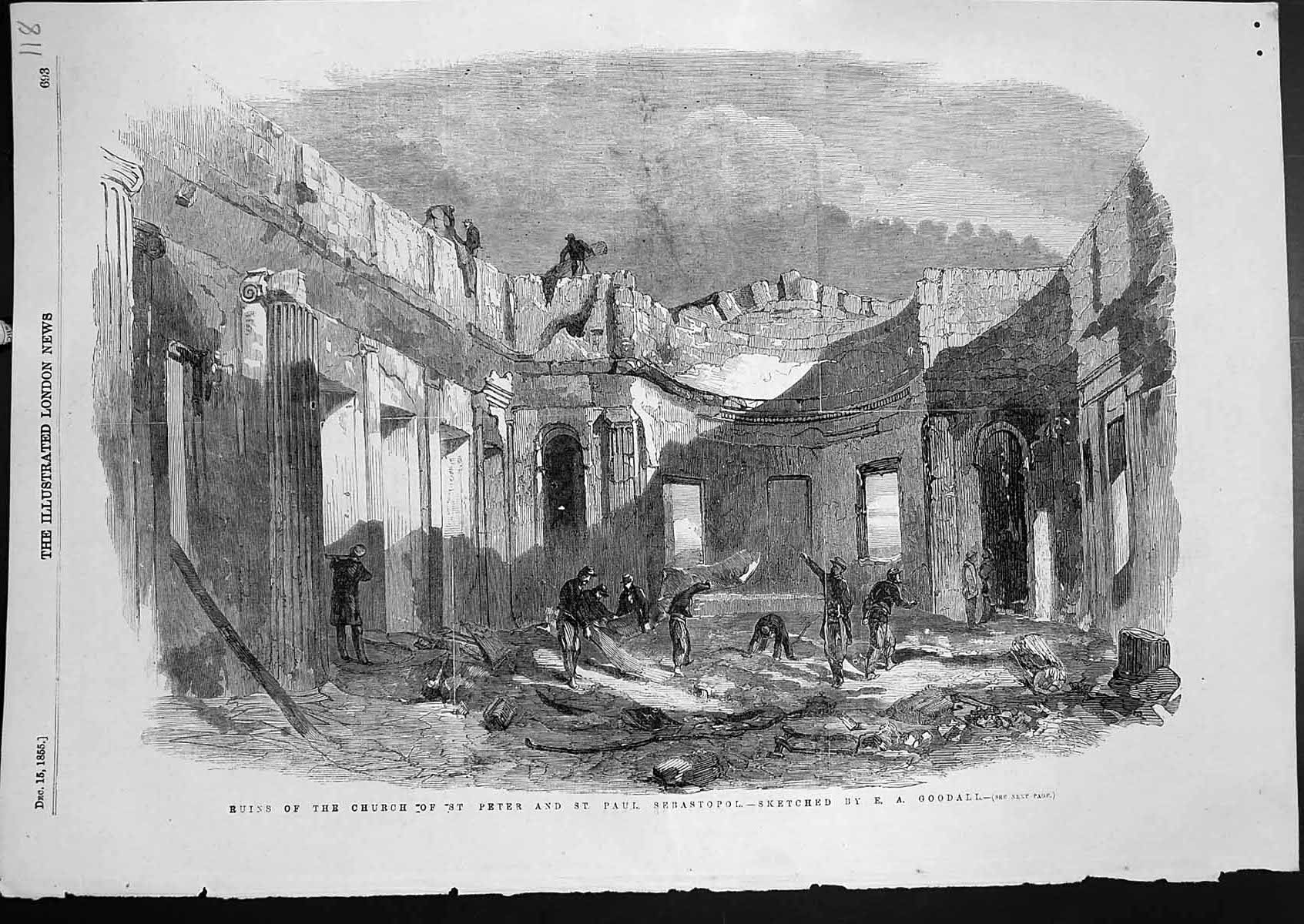 Antique Old Print Ruins Church St Peters St Paul Sebastopol E Goodall 1855 19th