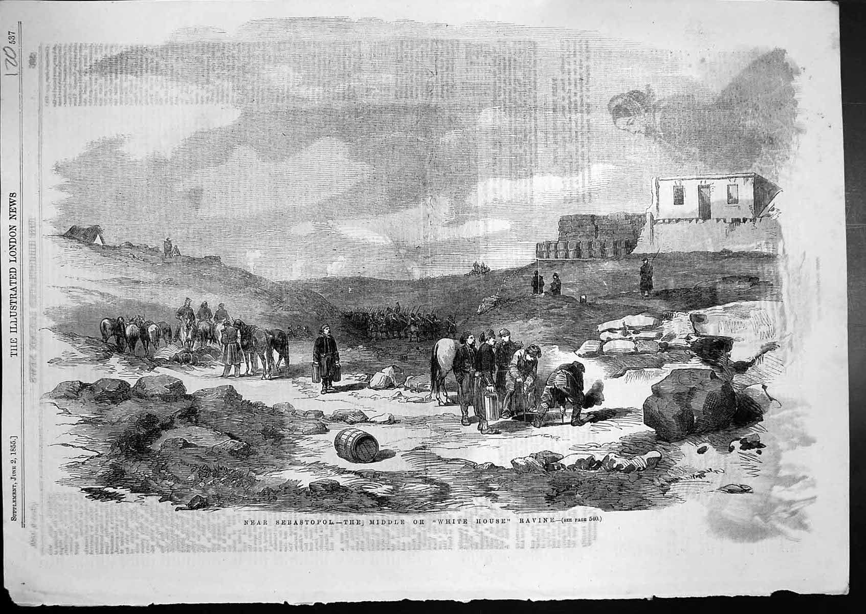 Original Old Antique Print Near Sebastopol Middle White House Ravine 1855 19th