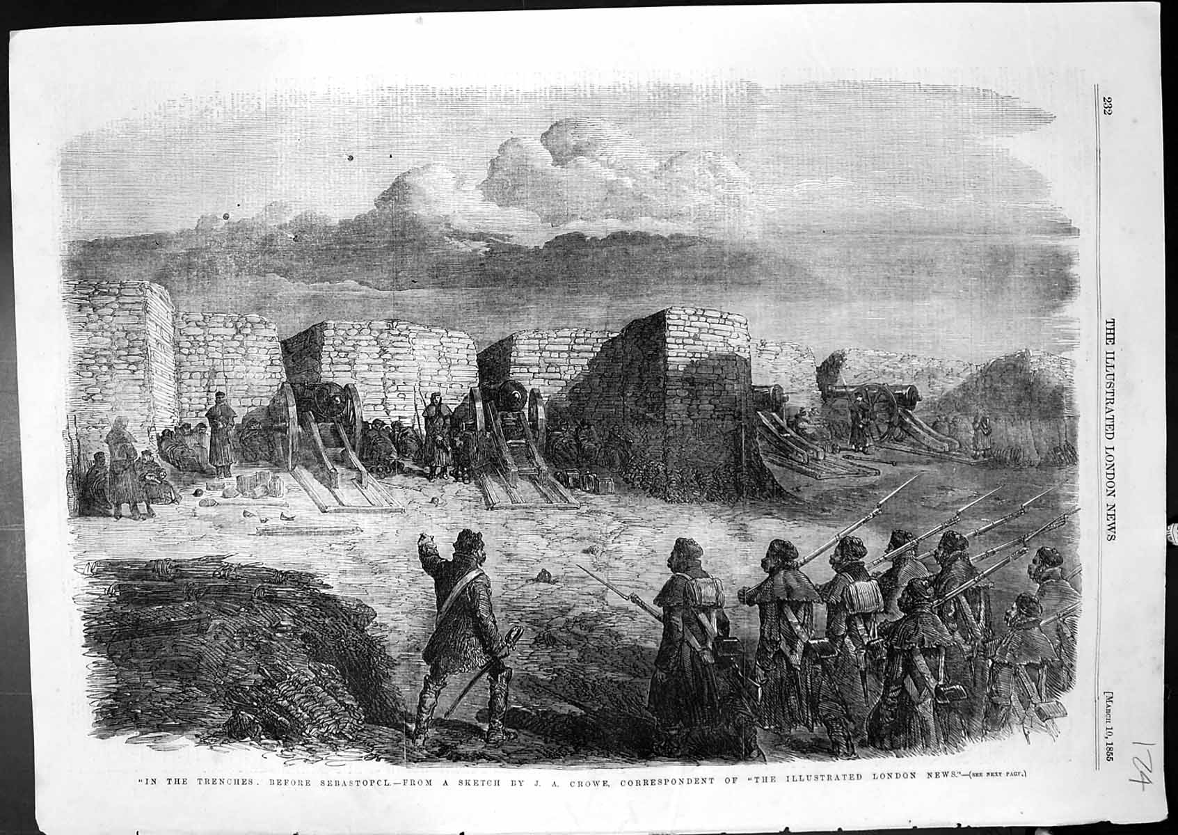 Original Old Antique Print In Trenches Before Sebastopol Guns J A Crowe 1855