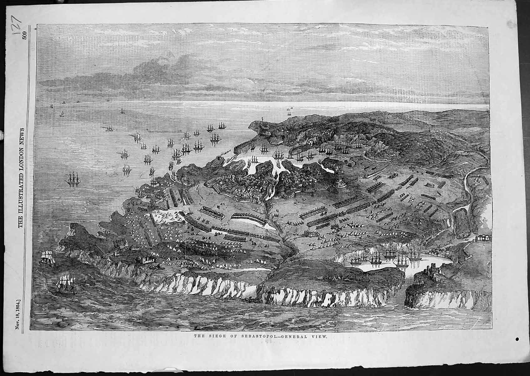 Original Old Antique Print Siege Sebastopol General View Ships Sea Armies 1854