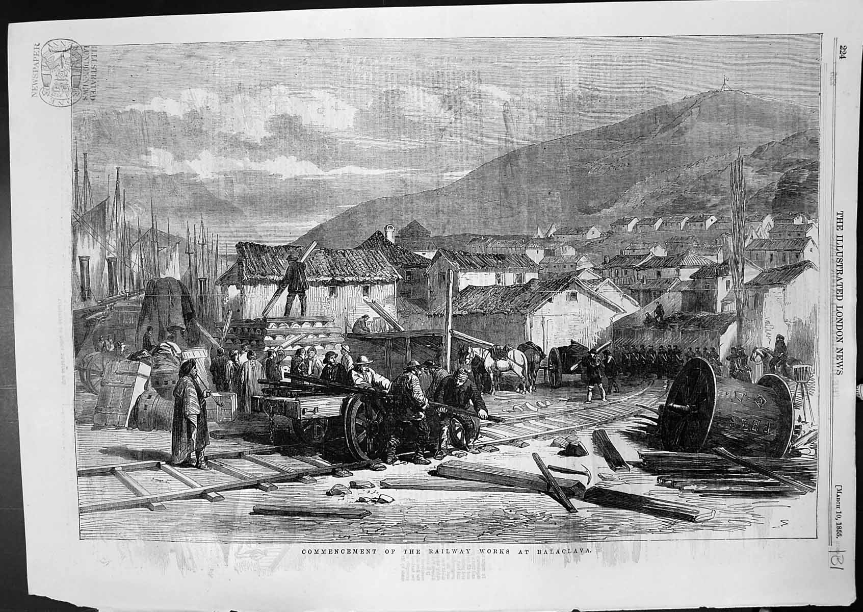 Original Old Antique Print Commencement Railway Works Balaclava 1855 Victorian