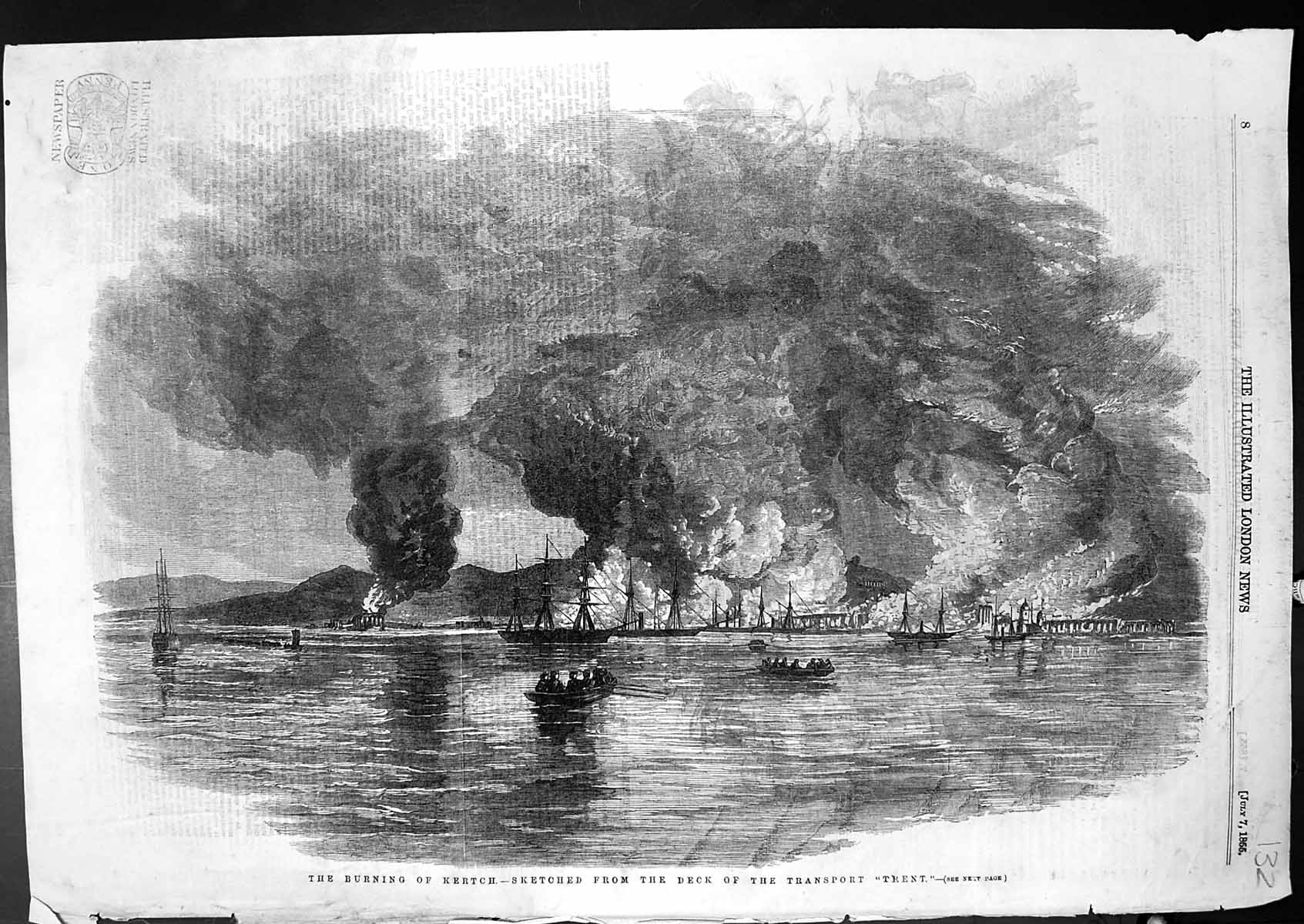 Original Old Antique Print Burning Kertch Sketched Deck Transport Trent 1855