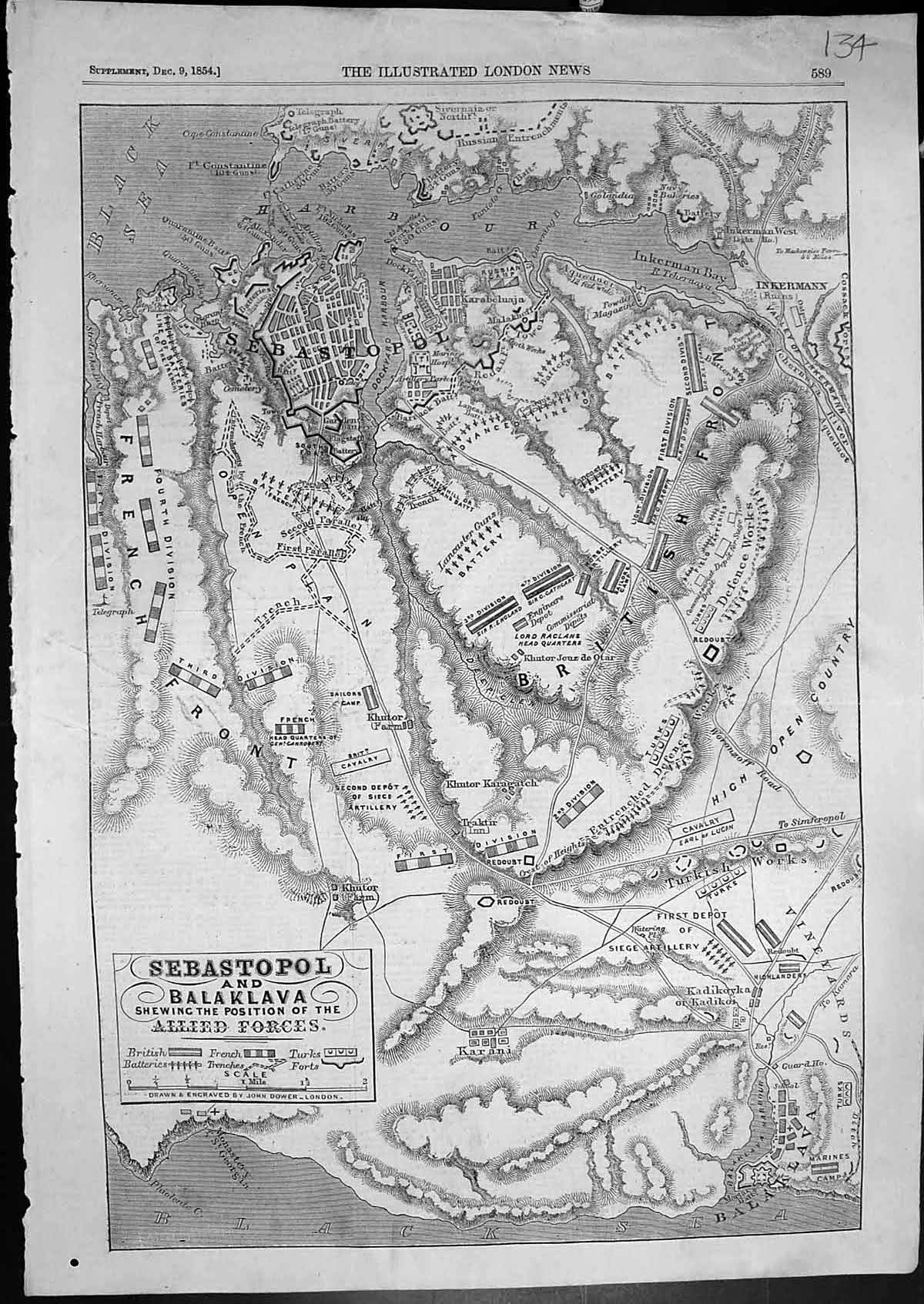 Antique Print Map Sebastopol Balaclava Showing Position Allied Forces 1854 19th