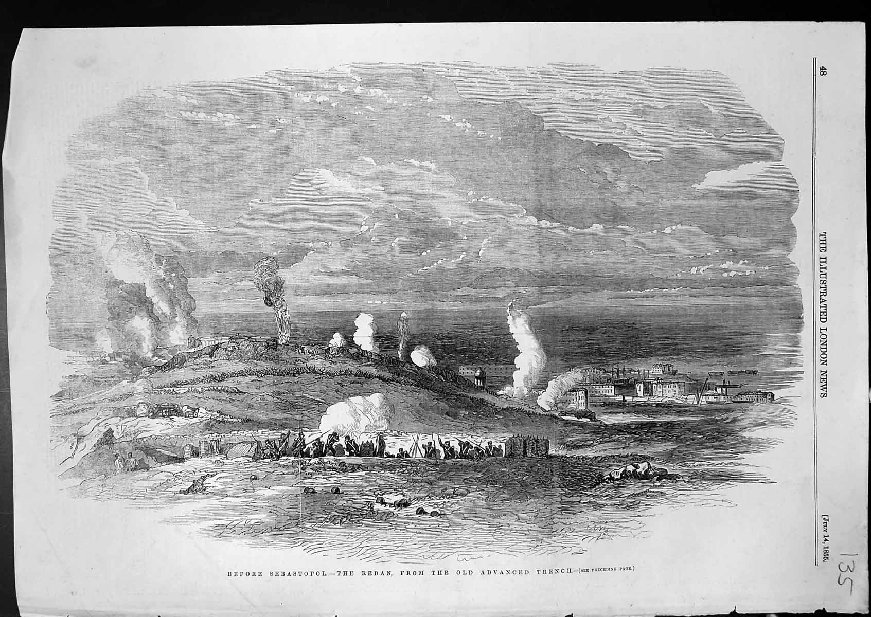 Original Old Antique Print Before Sebastopol Redan From Advanced Trench 1855