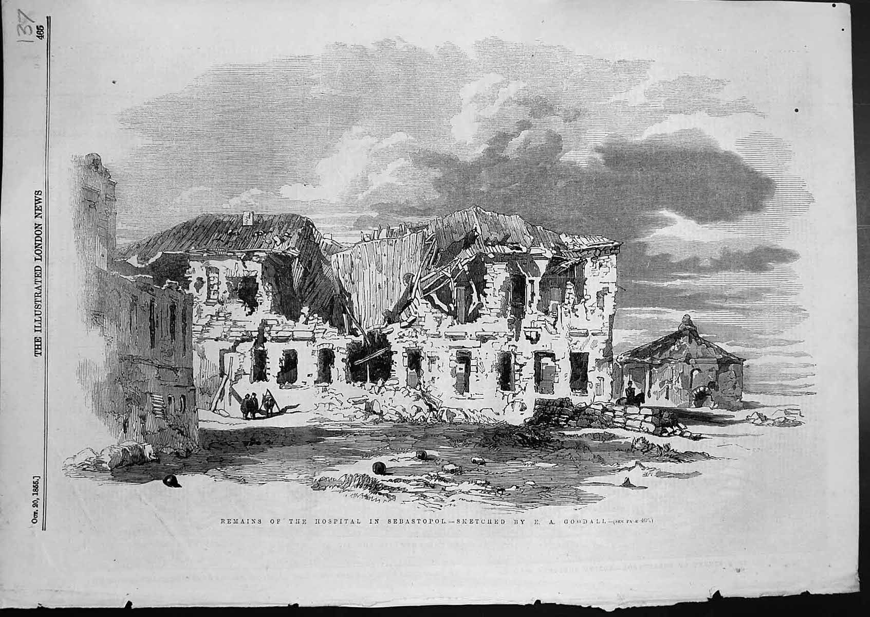 Old Antique Print Remains Hospital Sebastopol Sketched E A Goodall 1855 19th
