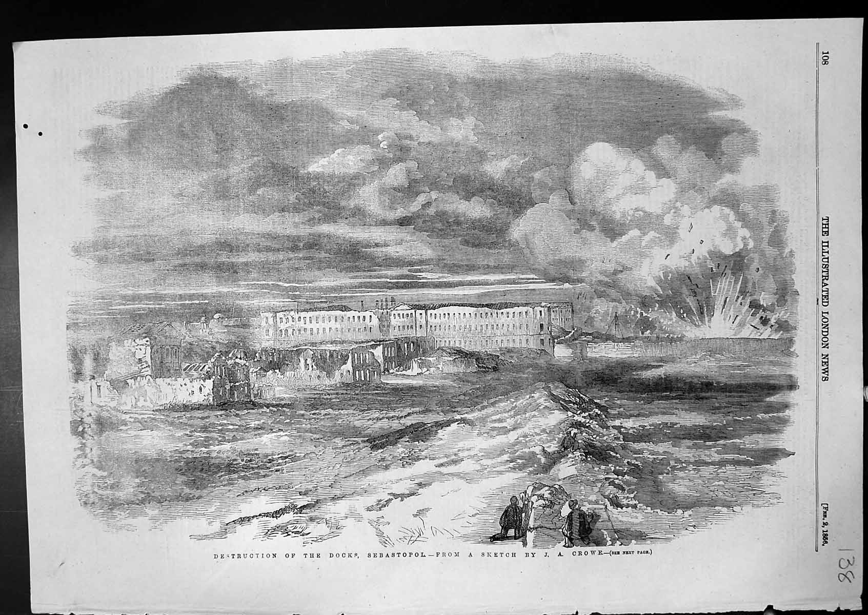 Original Old Antique Print Destruction Docks Sebastopol Sketch J A Crowe 1856