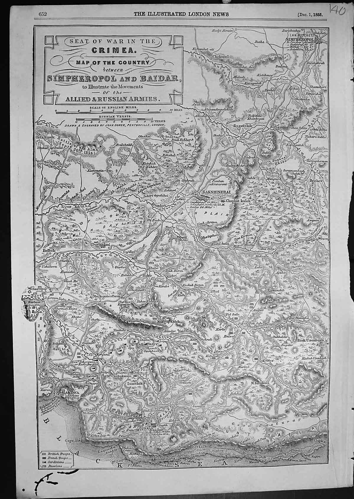 Old Map Seat War Crimea Simpheropol Baidar Allied Russian Armies 1855 Victorian