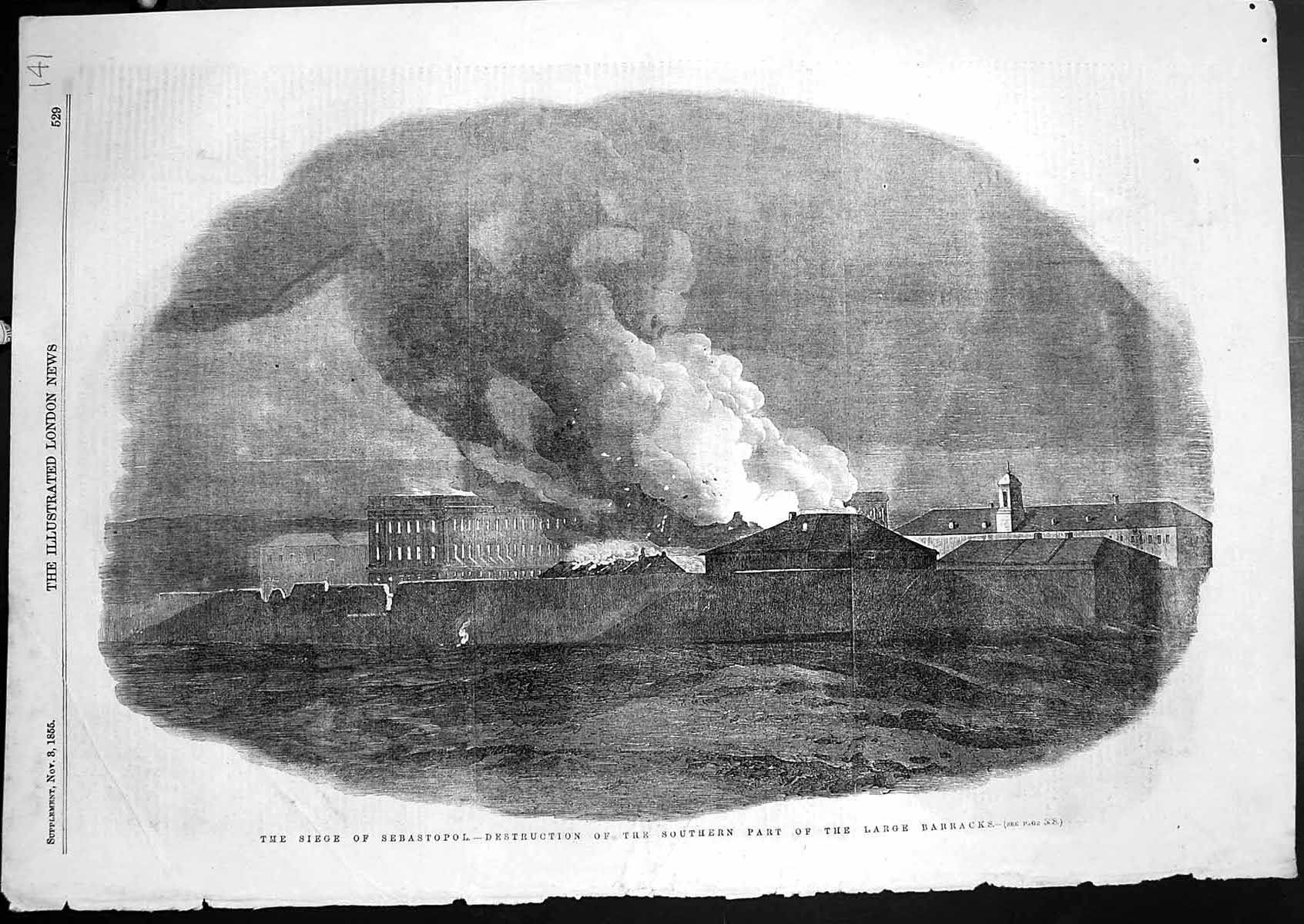 Old Print Siege Sebastopol Destruction Southern Part Large Barracks 1855 19th