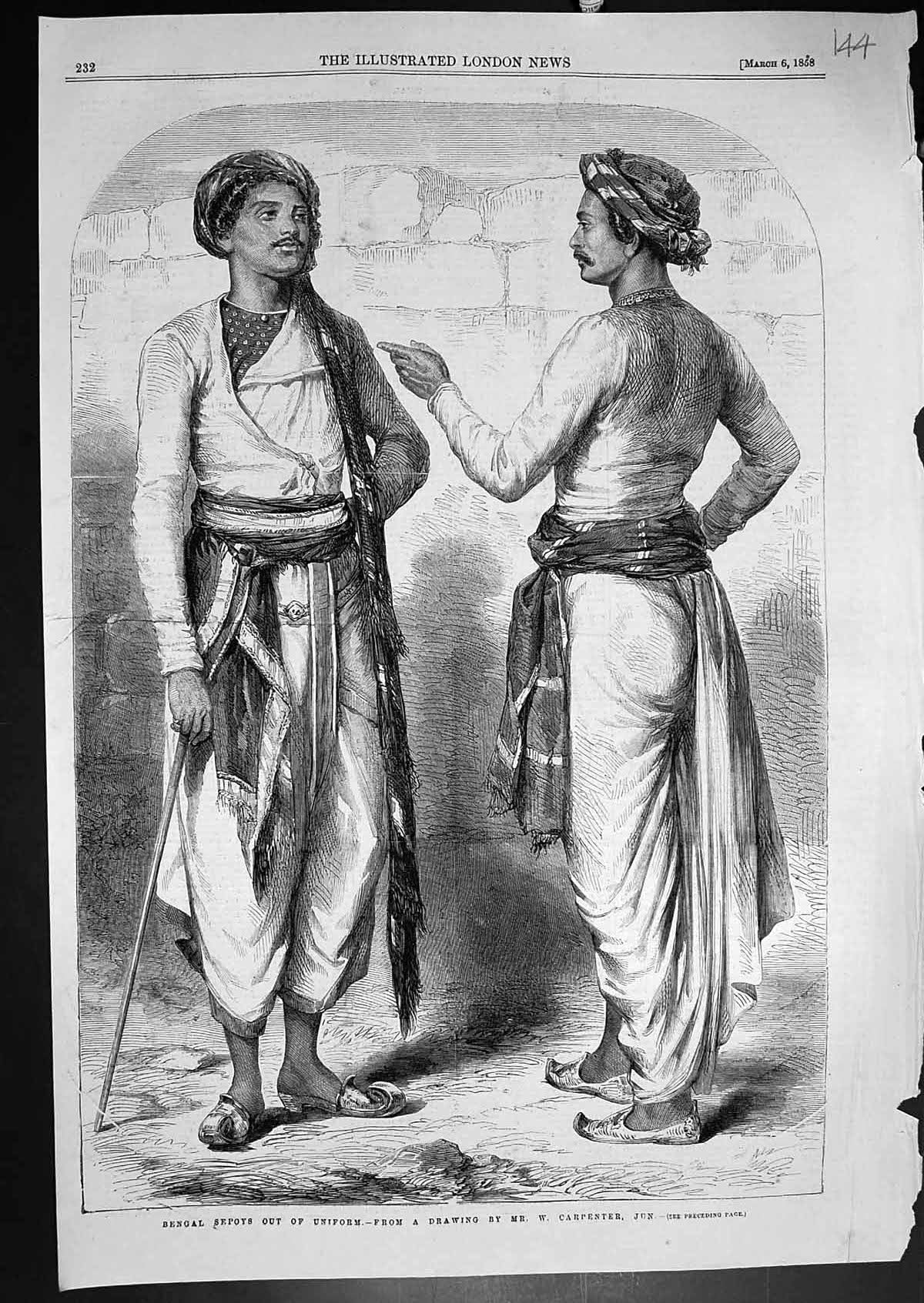Original Old Antique Print Bengal Sepoys Out Uniform Drawing W Carpenter 1858