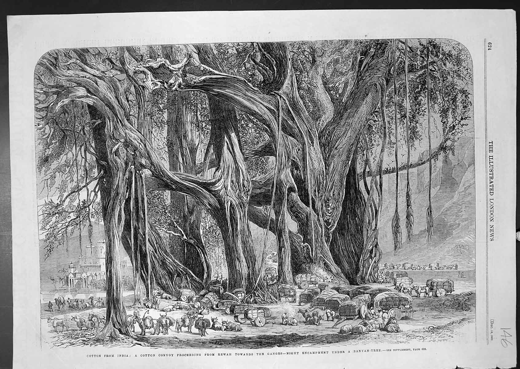 Antique Old Print Cotton Convoy Rewah Ganges Night Encampment Under Tree 1862