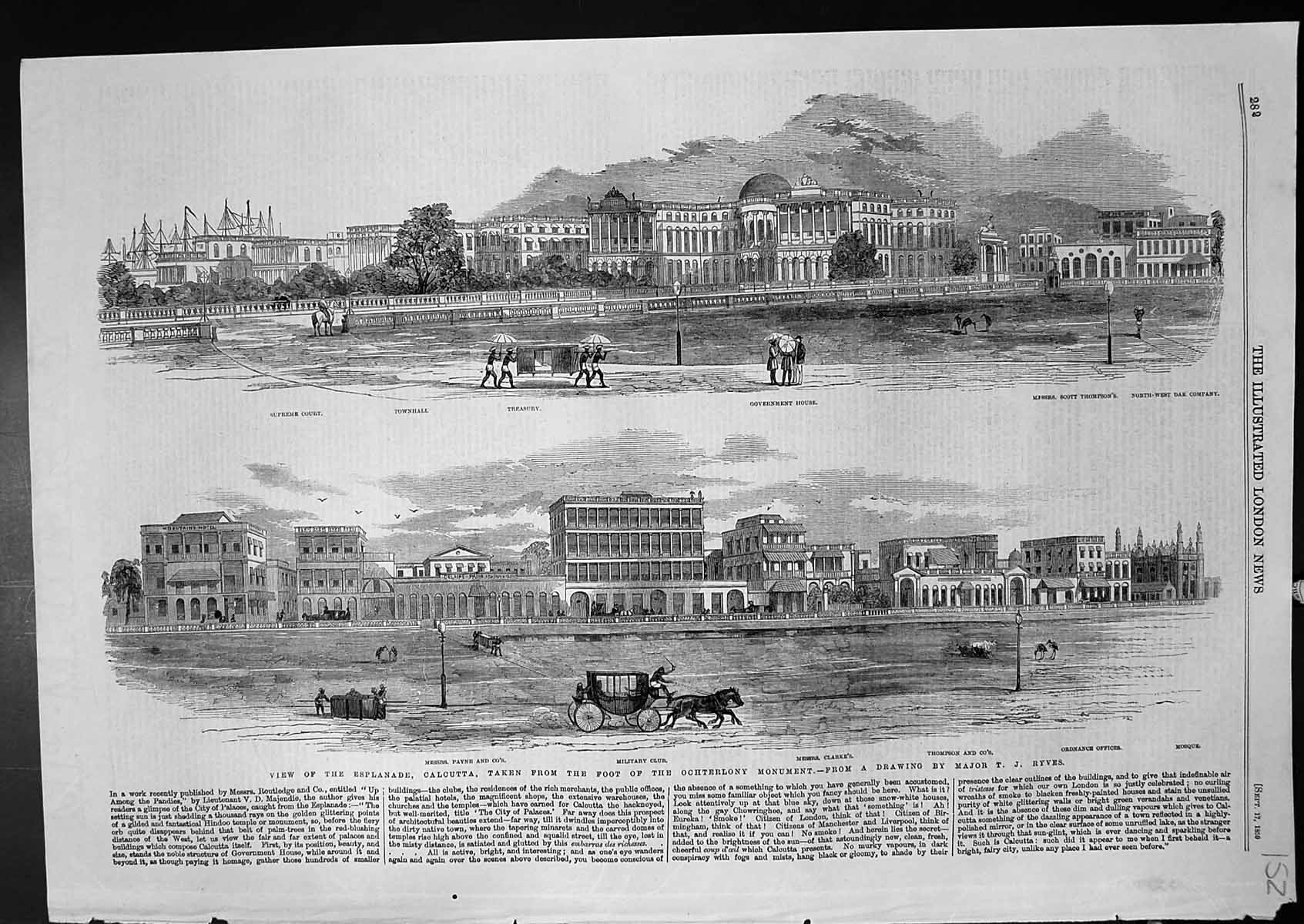Old Print Esplanade Calcutta Goverment House Townhall Supreme Court 1859 19th