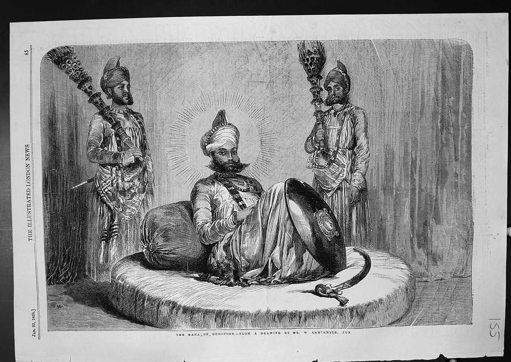 Original Old Antique Print Rana Oodipoor Maharajah Bahadur Sun Hindus 1858 19th