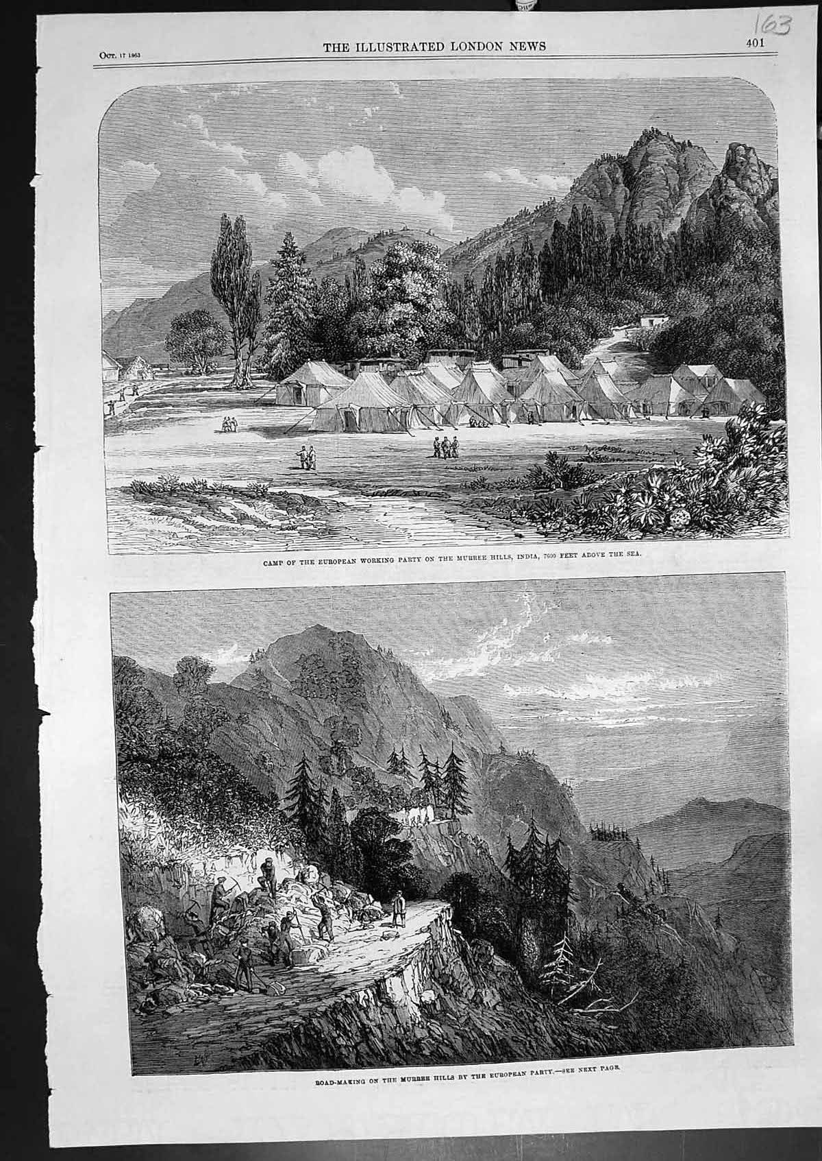 Old Print Camp European Working Party Murree Hills India Road Making 1863 19th