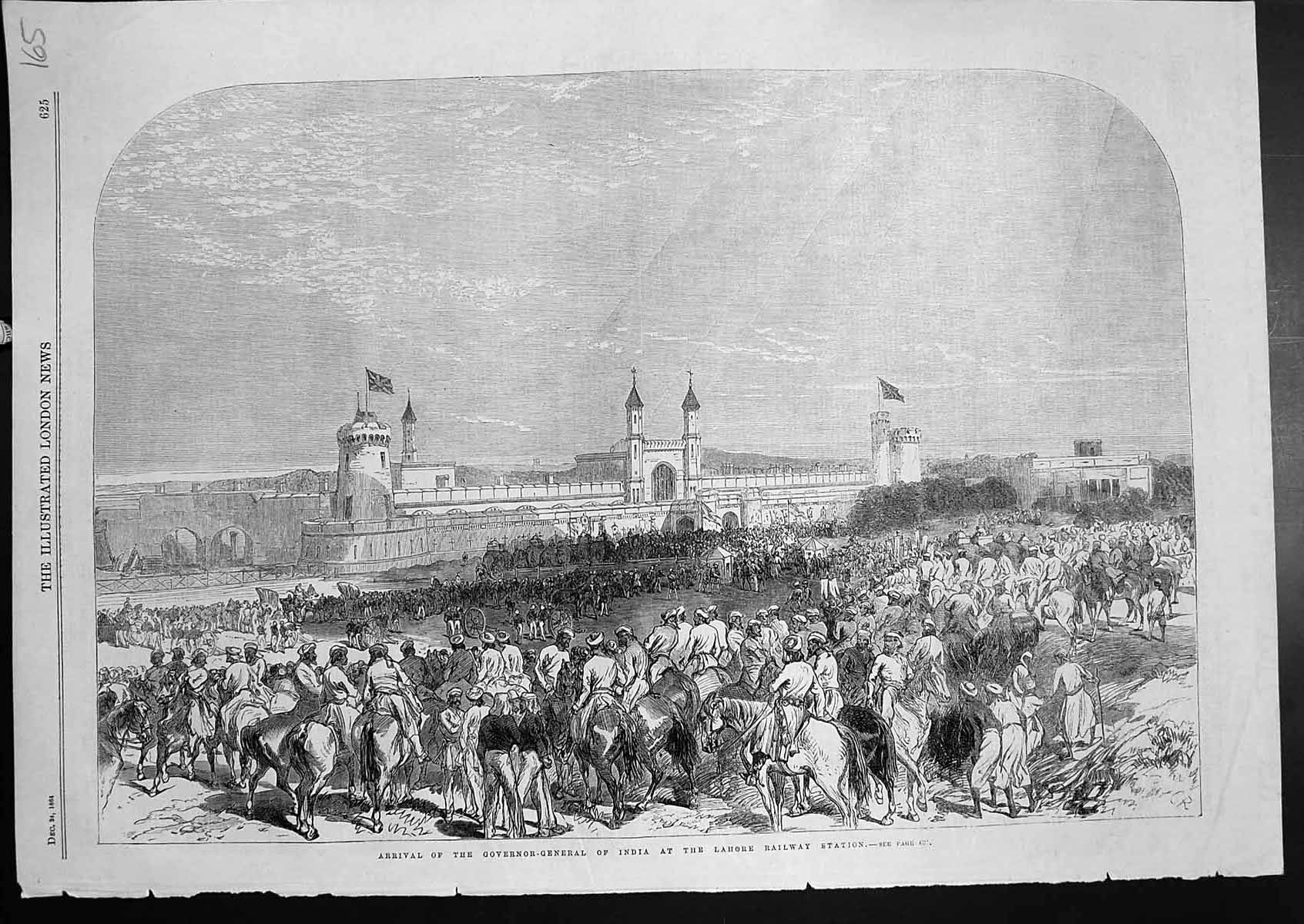 Antique Old Print Arrival Governor General India Lahore Railway Station 1864