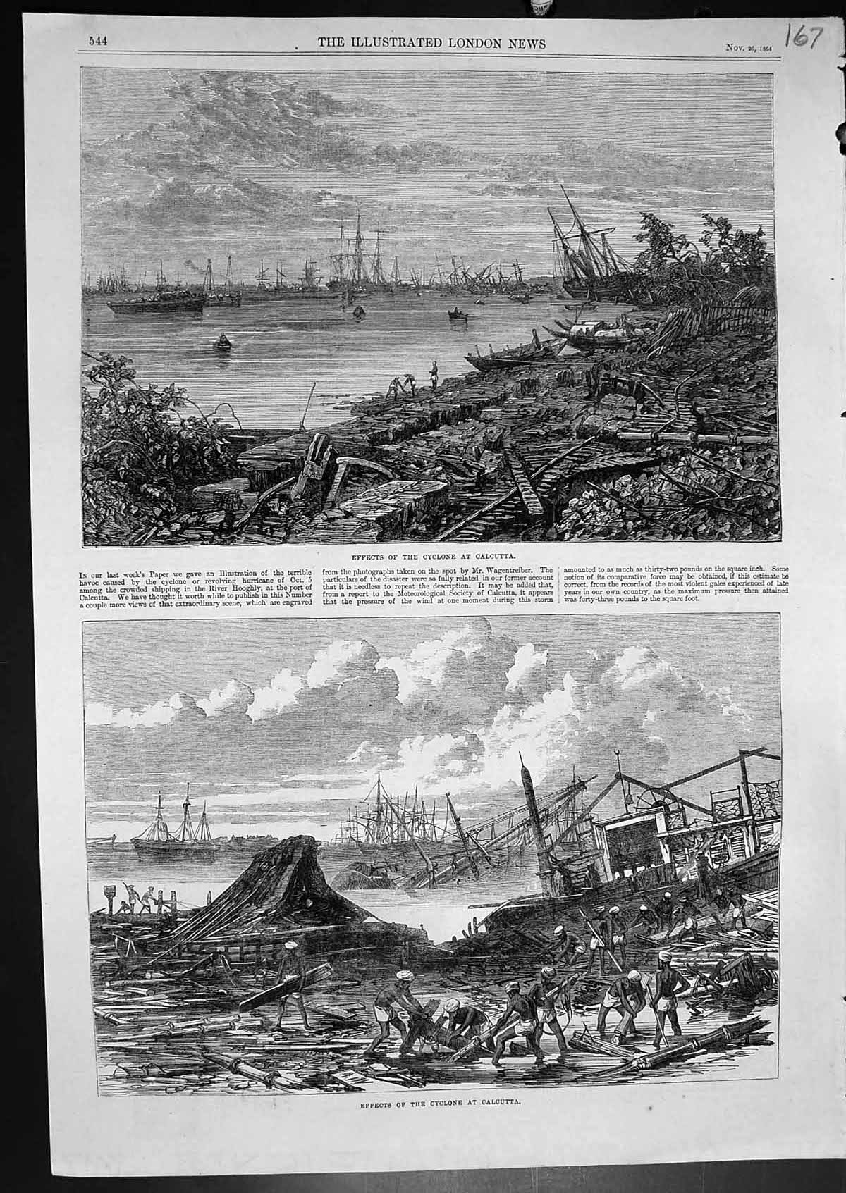 Antique Print Effects Cyclone Calcutta Crowded Shipping River Hooghly 1864 19th