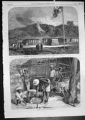 Old Print Explosion Mine Engineers Southampton Shoeing Bullock India 1864 19th