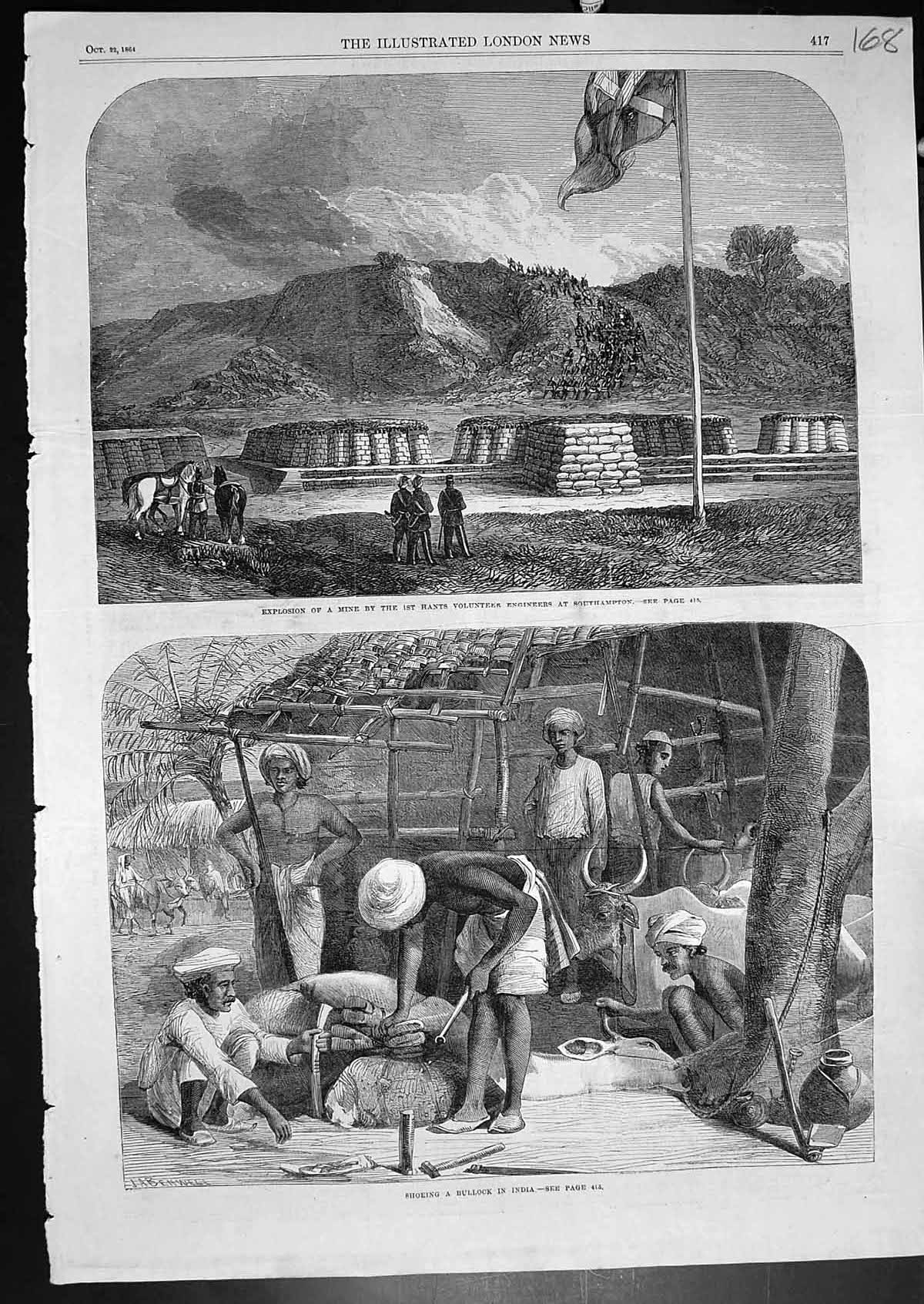 Old Print Explosion Mine Engineers Southampton Shoeing Bullock India 1864 19th