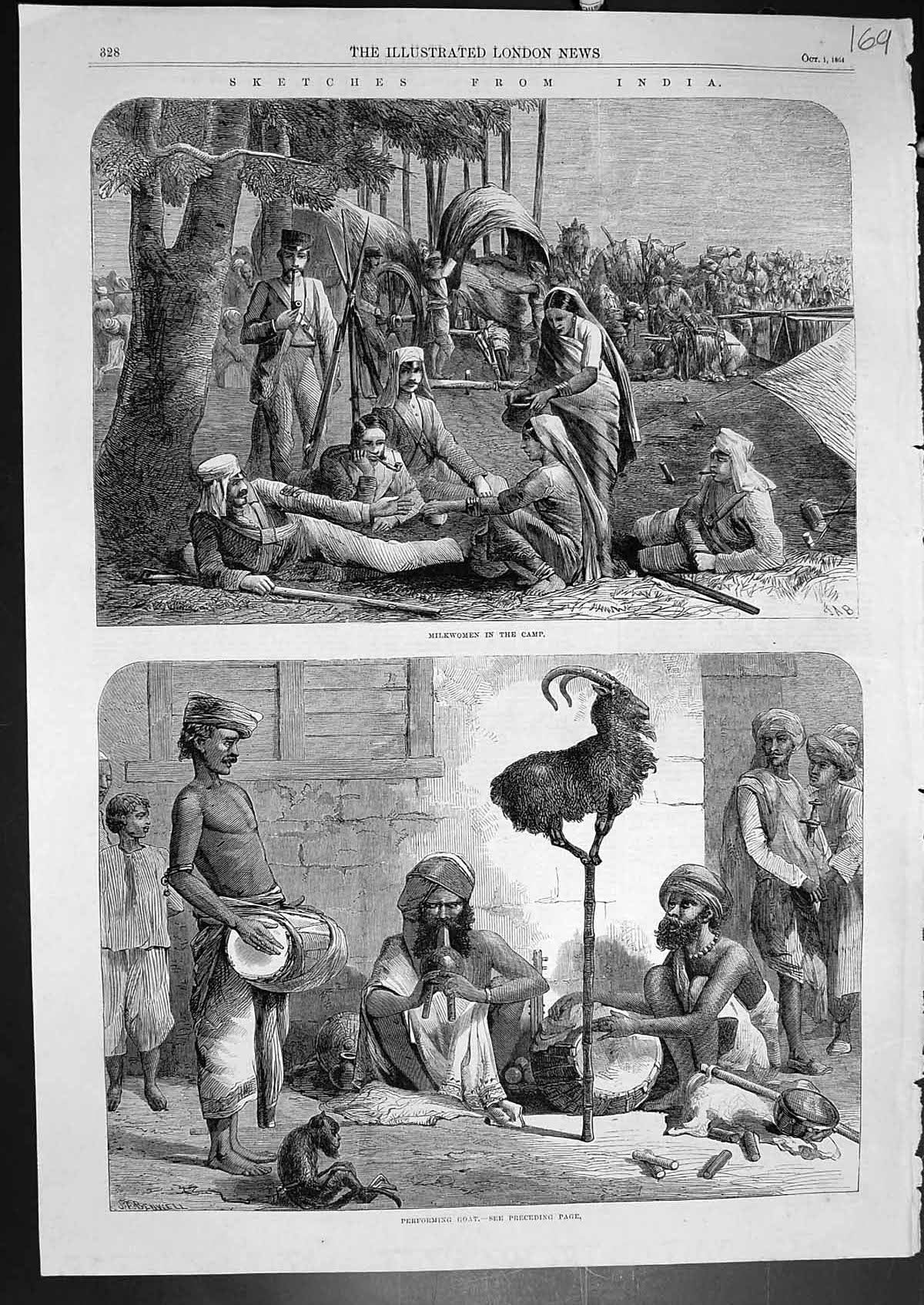 Old Antique Print India Milkwomen Camp Performing Goat Playing Music 1864 19th