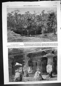 Original Old Antique Print Entrance Interior Cave Elephanta Bay Bombay 1863