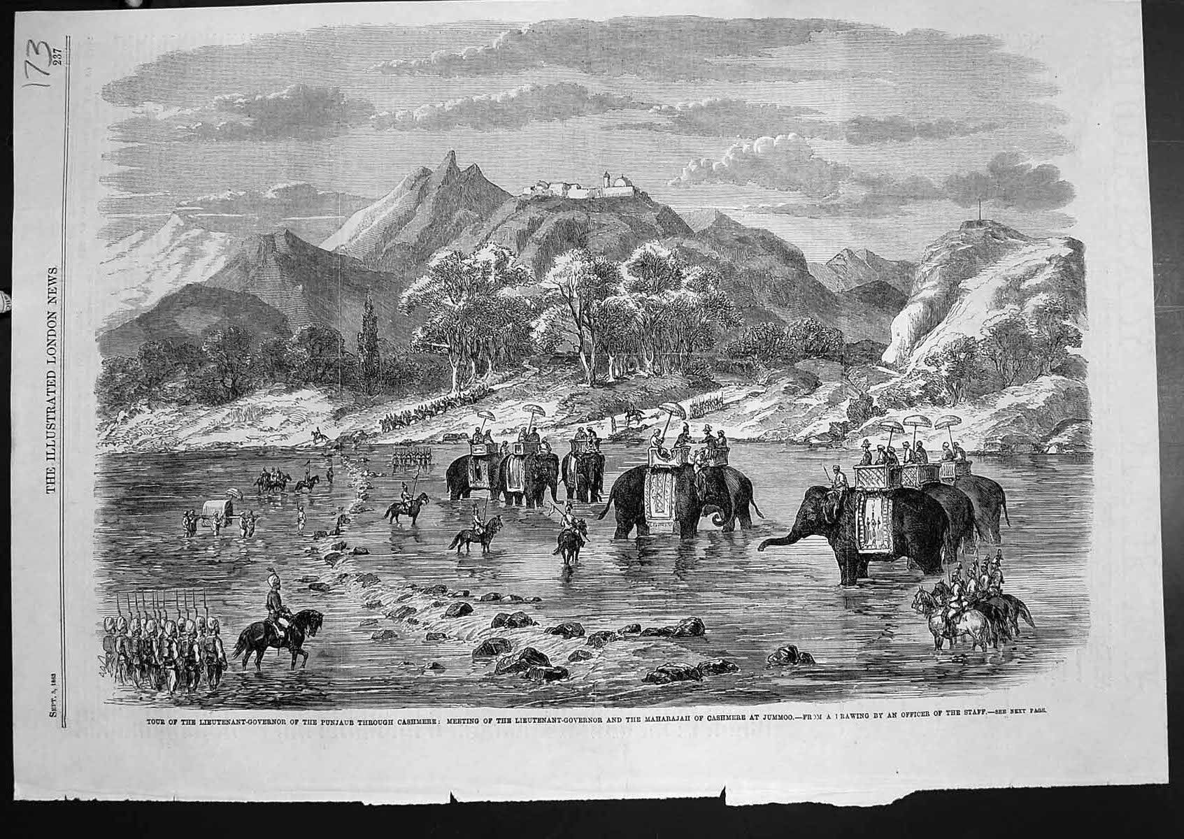 Antique Old Print Tour Punjab Cashmere Meeting Lieut Governor Maharajah 1863