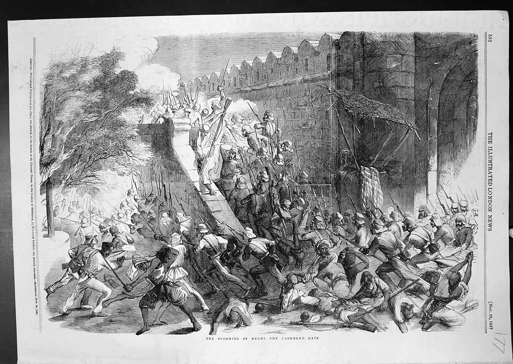 Original Old Antique Print Storming Delhi Cashmere Gate 1857 19th