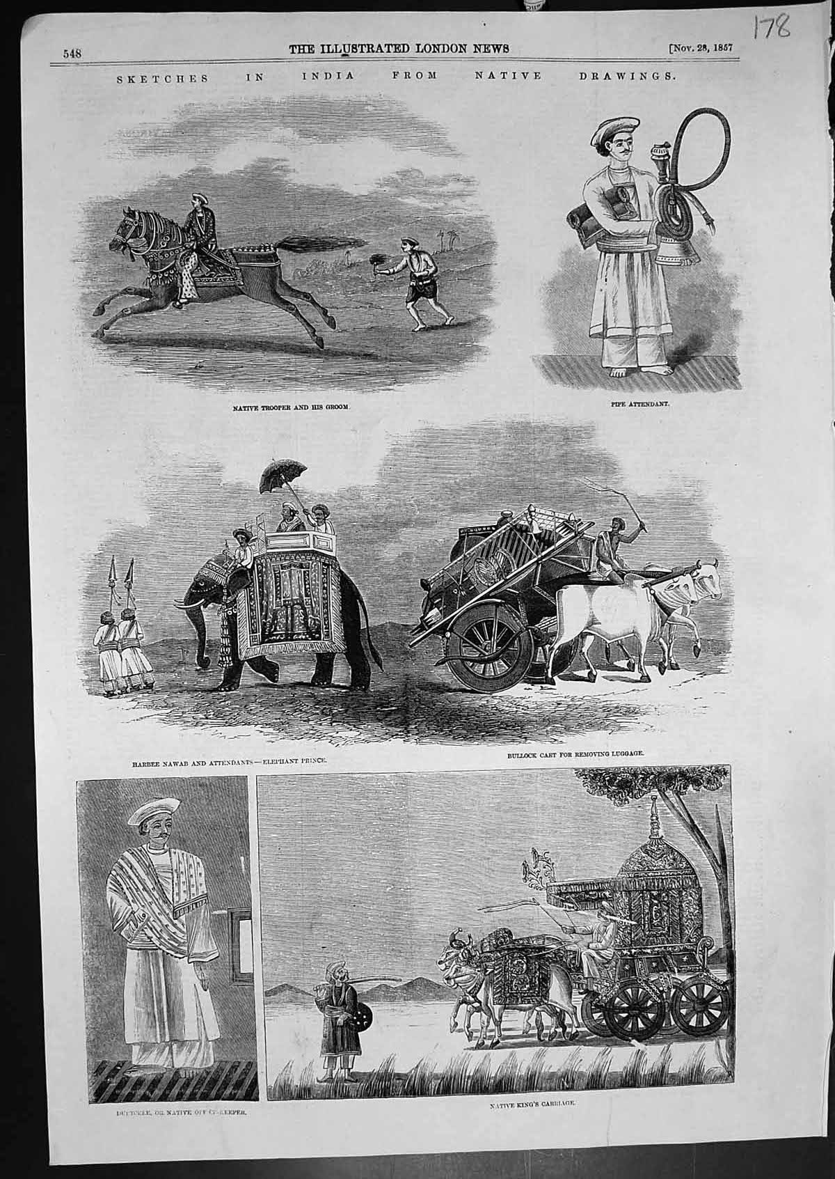 Antique Print India Native Trooper Groom Bullock Cart Elephant Prince 1857 19th