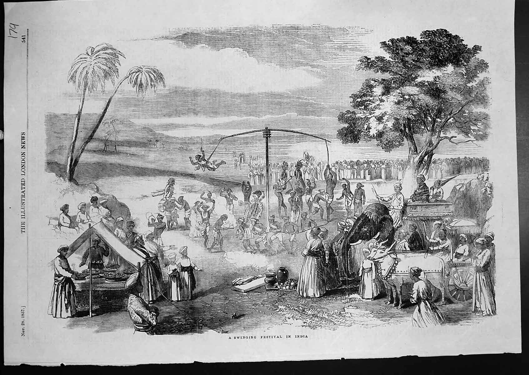 Antique Print Swinging Festival India Swinging Pole Elephant Bullocks 1857 19th