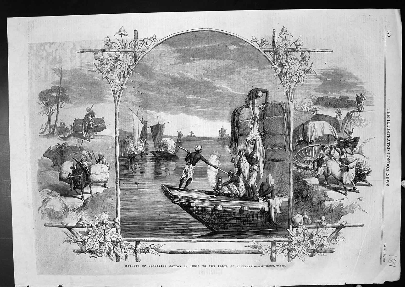 Original Old Antique Print Methods Conveying Cotton India Ports Shipment 1861