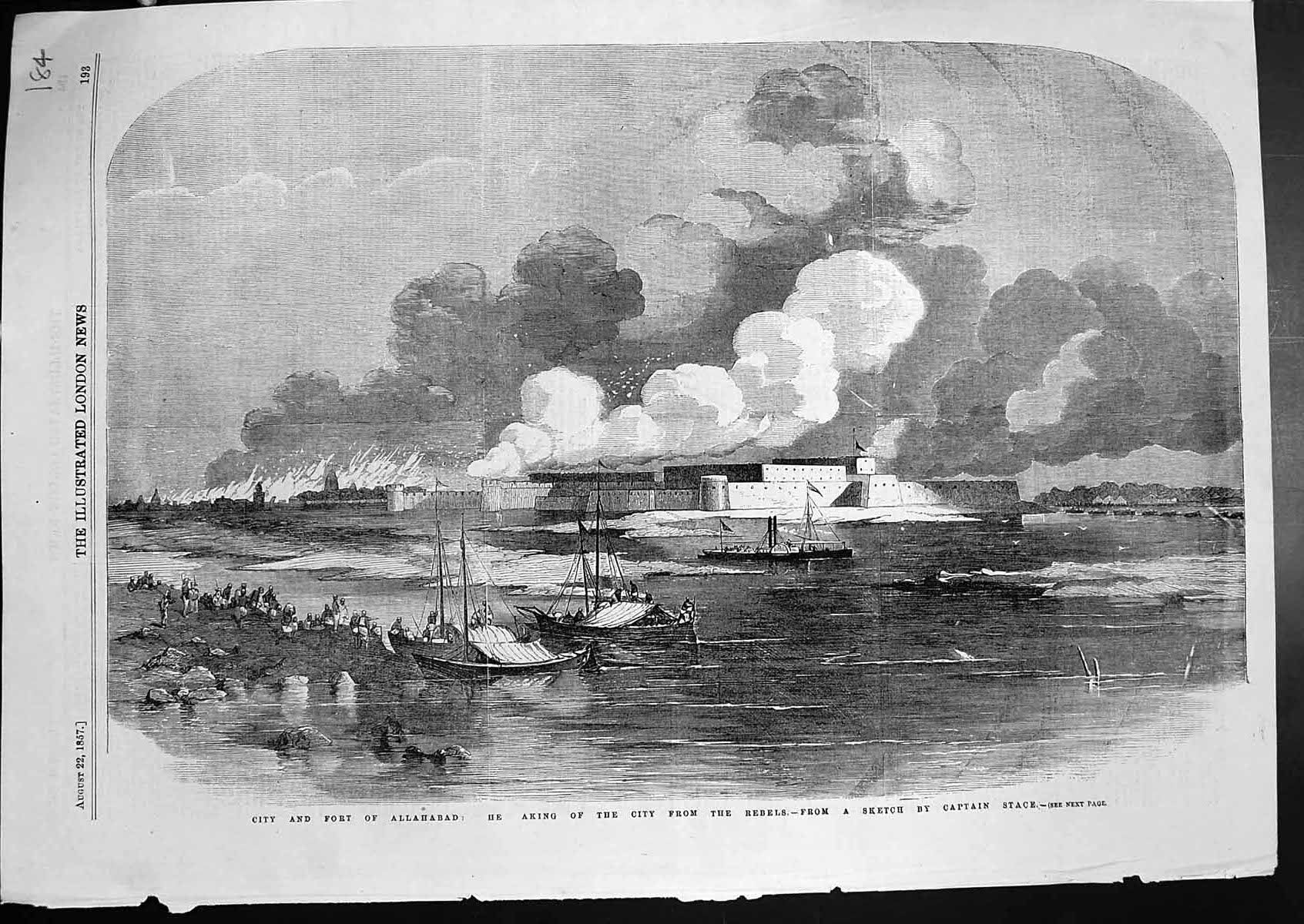 Old Print City Fort Allahabad Taking City From Rebels Captain Stace 1857 19th