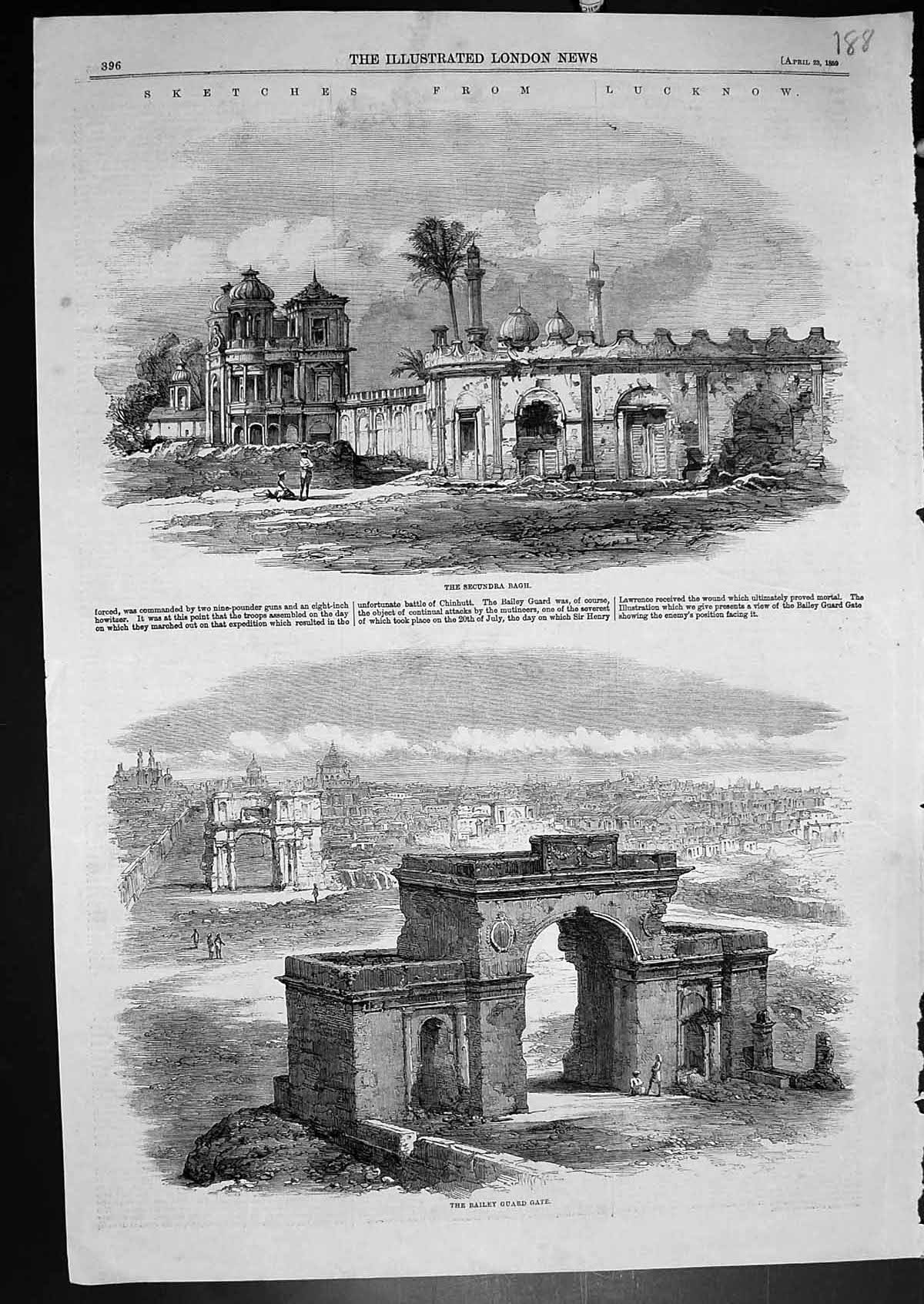 Old Antique Print Sketches Lucknow Secundra Bagh Bailey Guard Gate 1859 19th