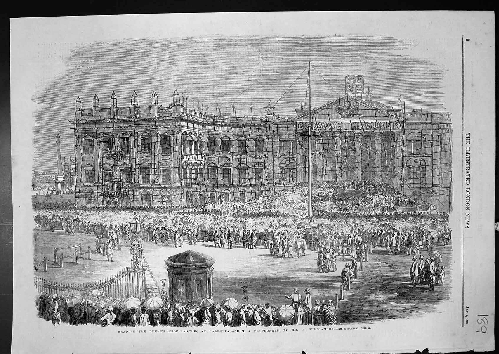 Antique Print Reading Queens Proclamation Calcutta Photo A Williamson 1859 19th