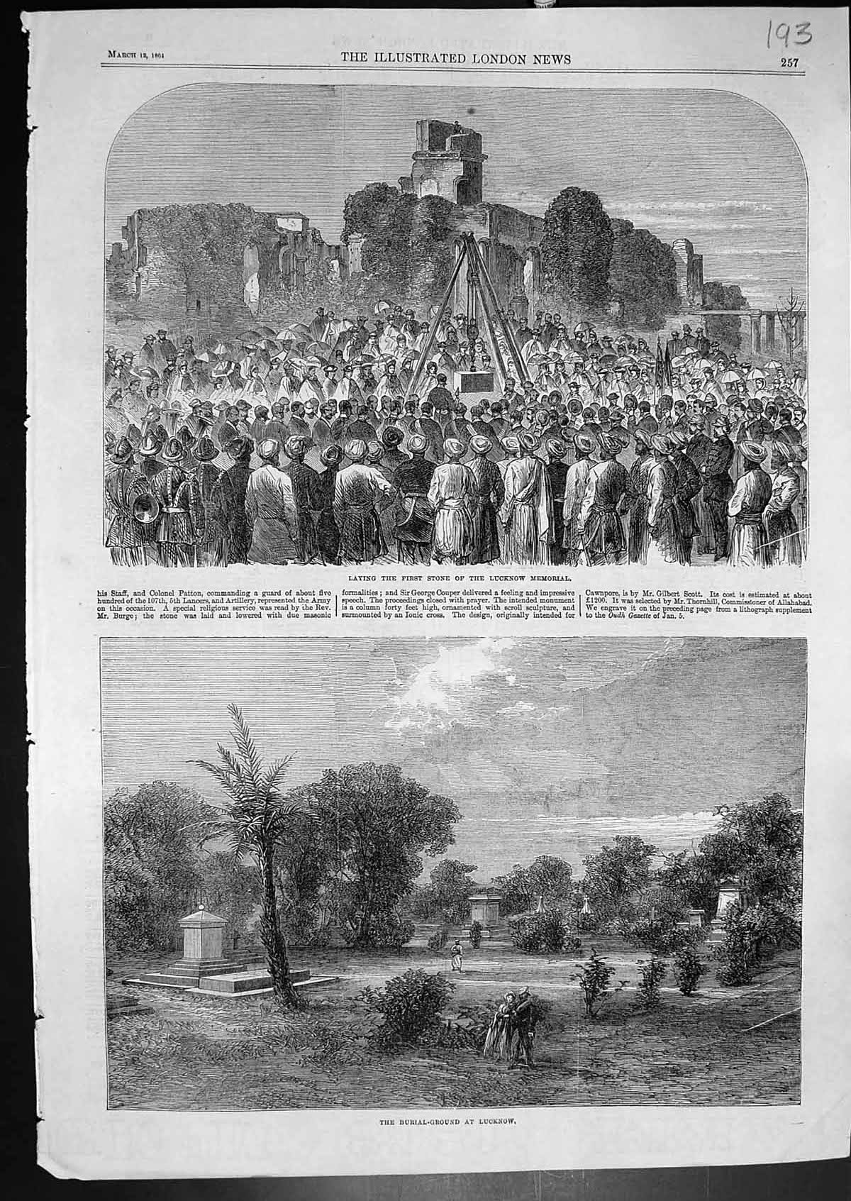 Old Print Laying First Stone Lucknow Memorial Burial Ground Lucknow 1864 19th