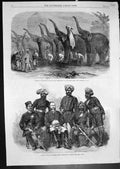Old Print Elephants Saluting Commandant Dinapore Police Force Bengal 1864 19th