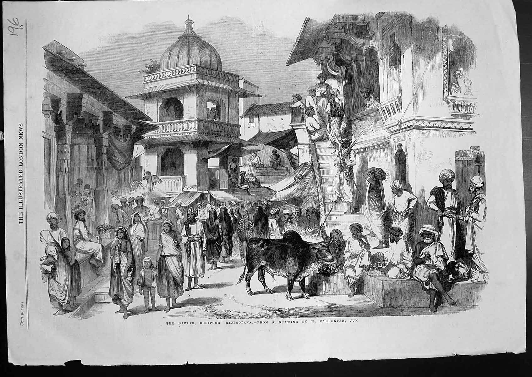 Original Old Antique Print Bazaar Oodipoor Rajpootana W Carpenter Jun 1858 19th