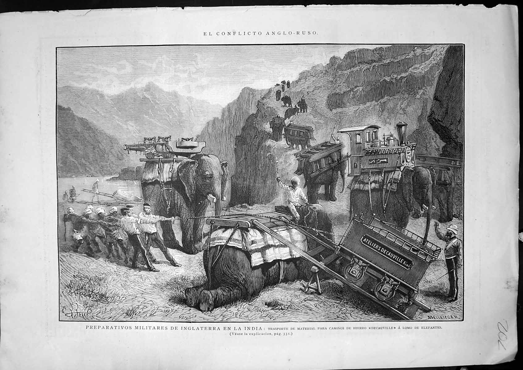 Antique Old Print Conflict England Russia Transport Military Elephants C 1860