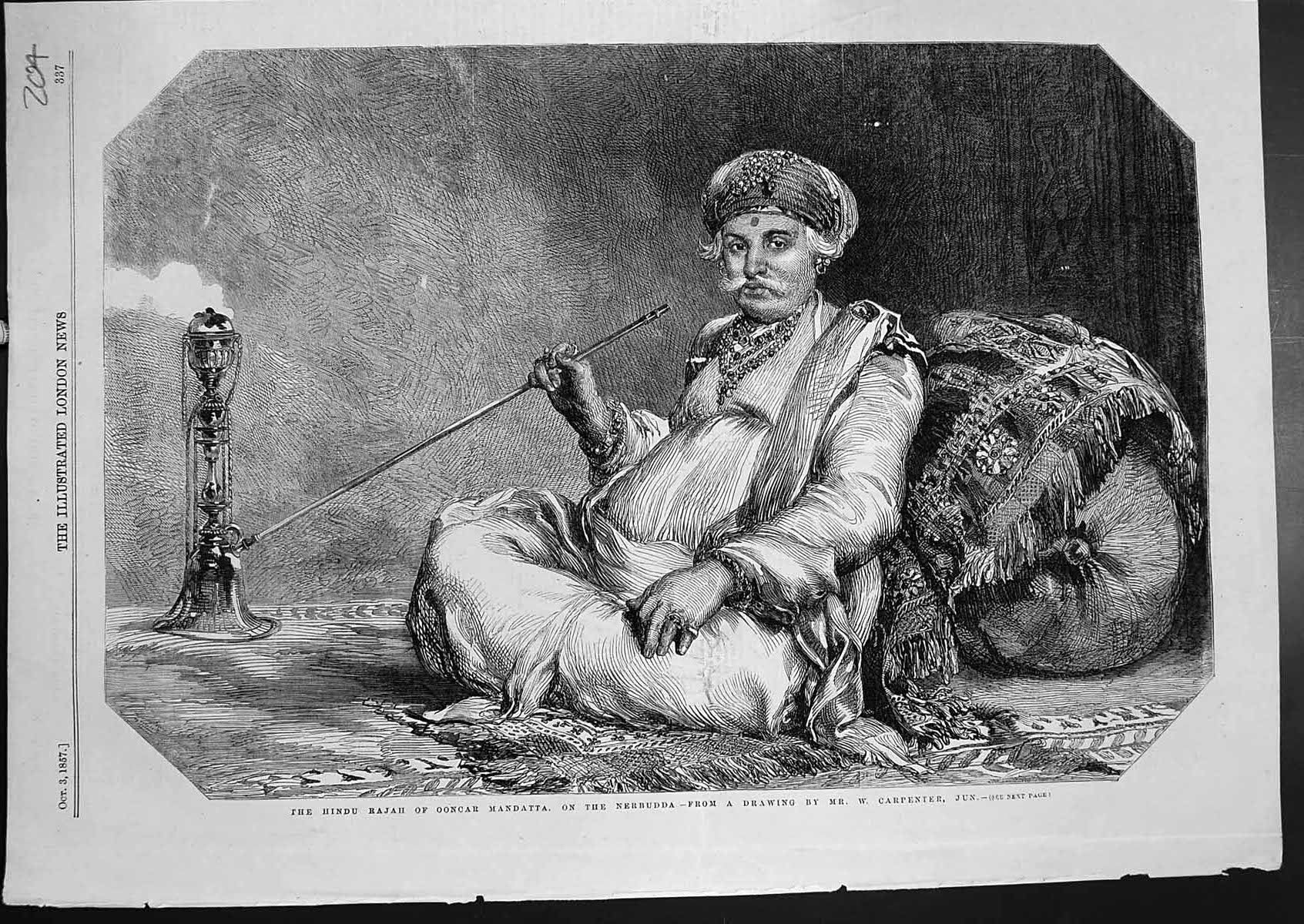 Antique Old Print Hindu Rajah Ooncar Mandatta Nerbudda W Carpenter Jun 1857