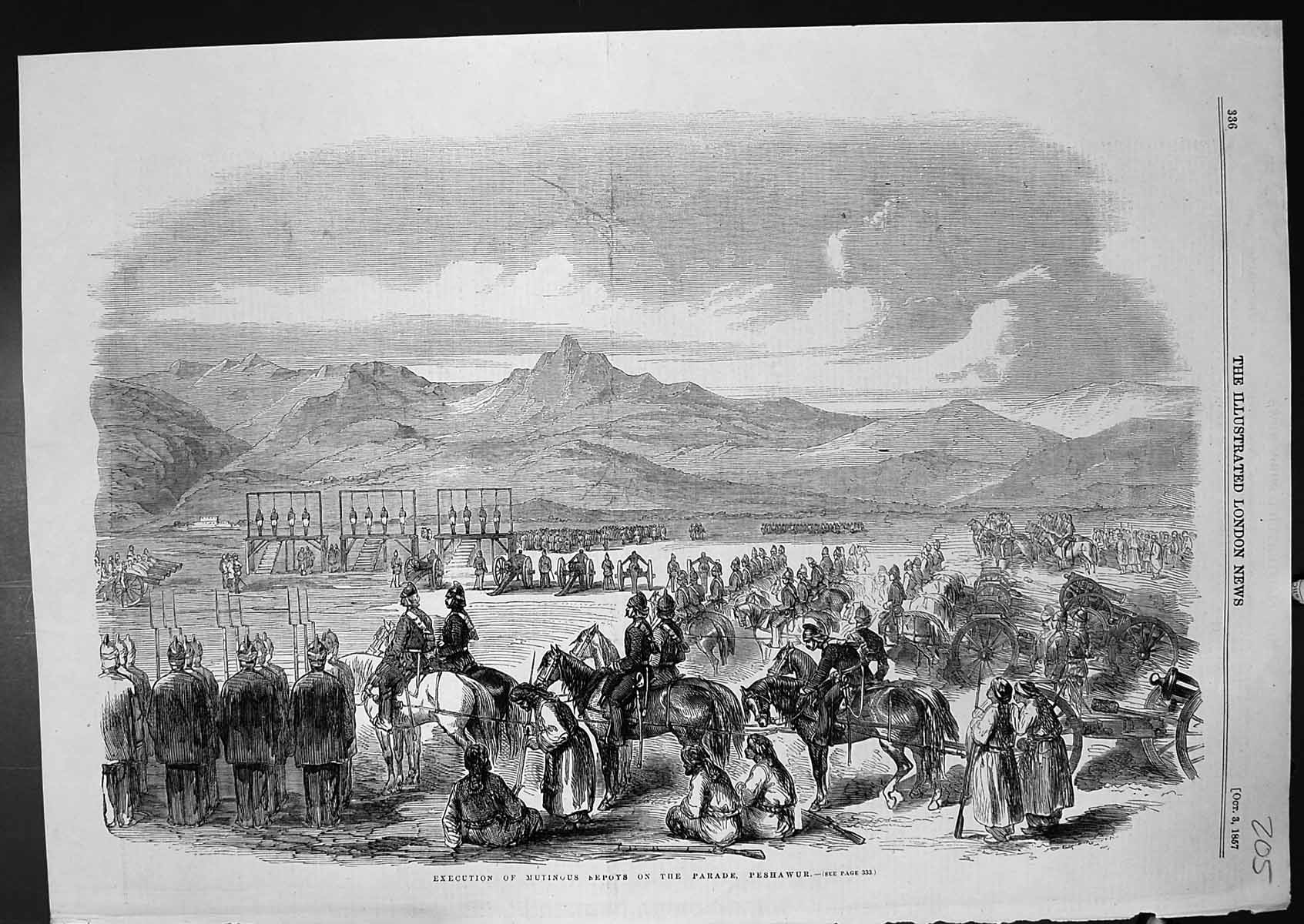 Original Old Antique Print Execution Mutinous Sepoys Parade Peshawur 1857 19th