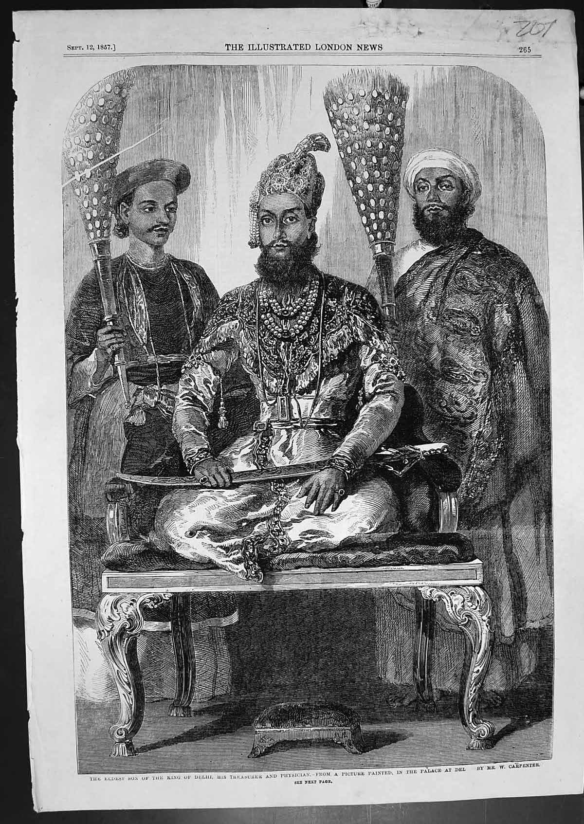 Old Print Eldest Son King Delhi His Treasurer Physician Palace Delhi 1857 19th