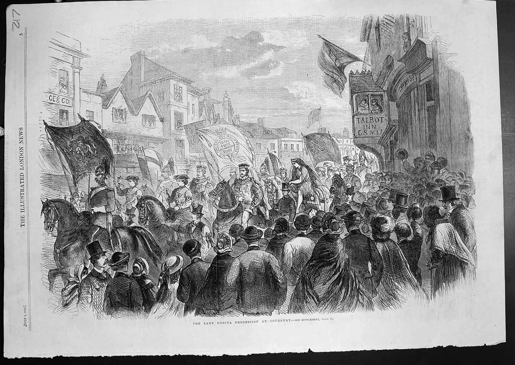 Original Old Antique Print Lady Godiva Procession Coventry Street 1862 19th