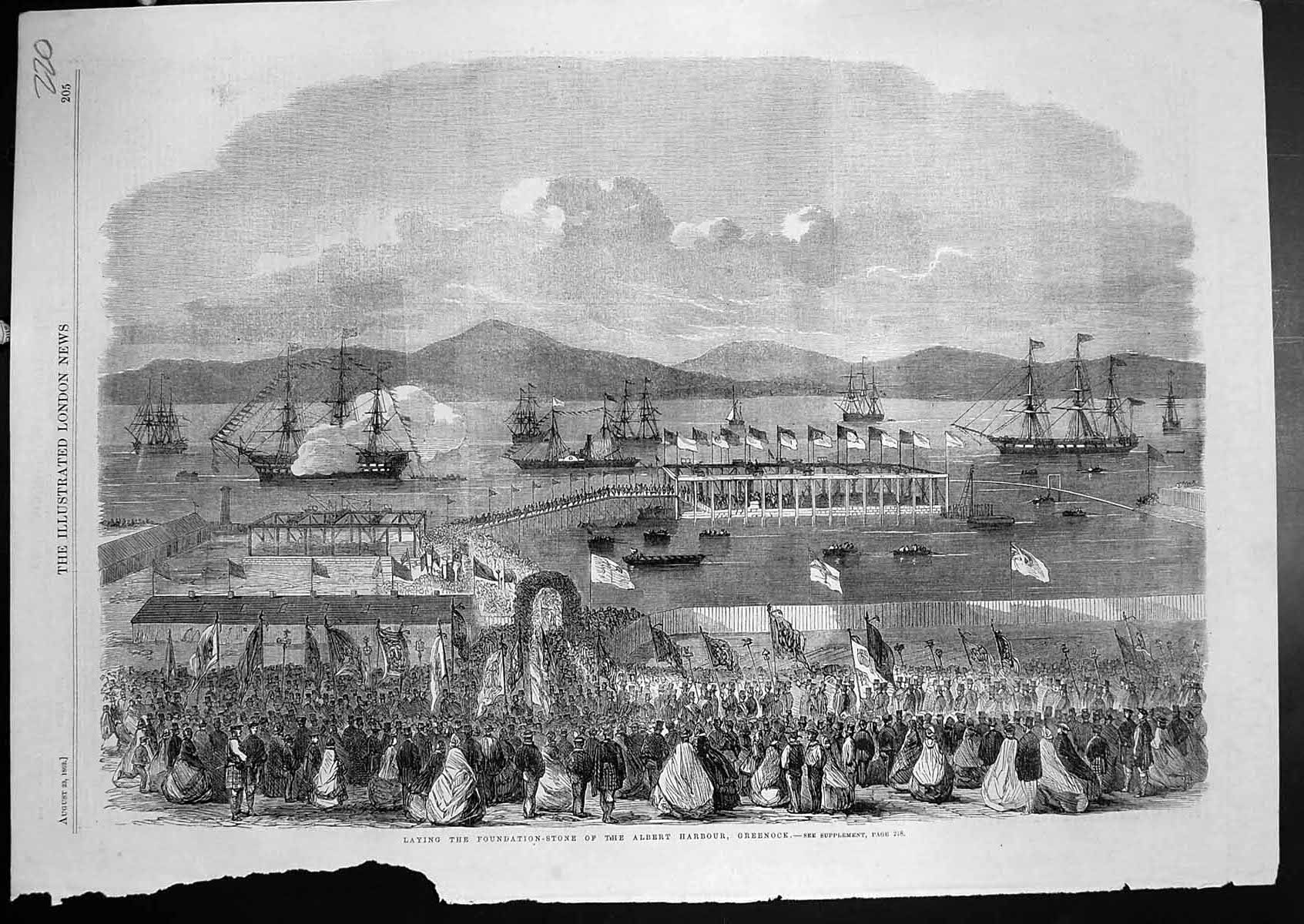 Original Old Antique Print Laying Foundation Stone Albert Harbour Greenock 1862