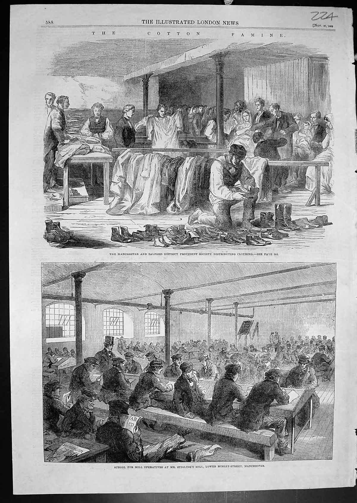 Old Print Cotton Famine Distributing Clothing School Mill Operatives 1862 19th