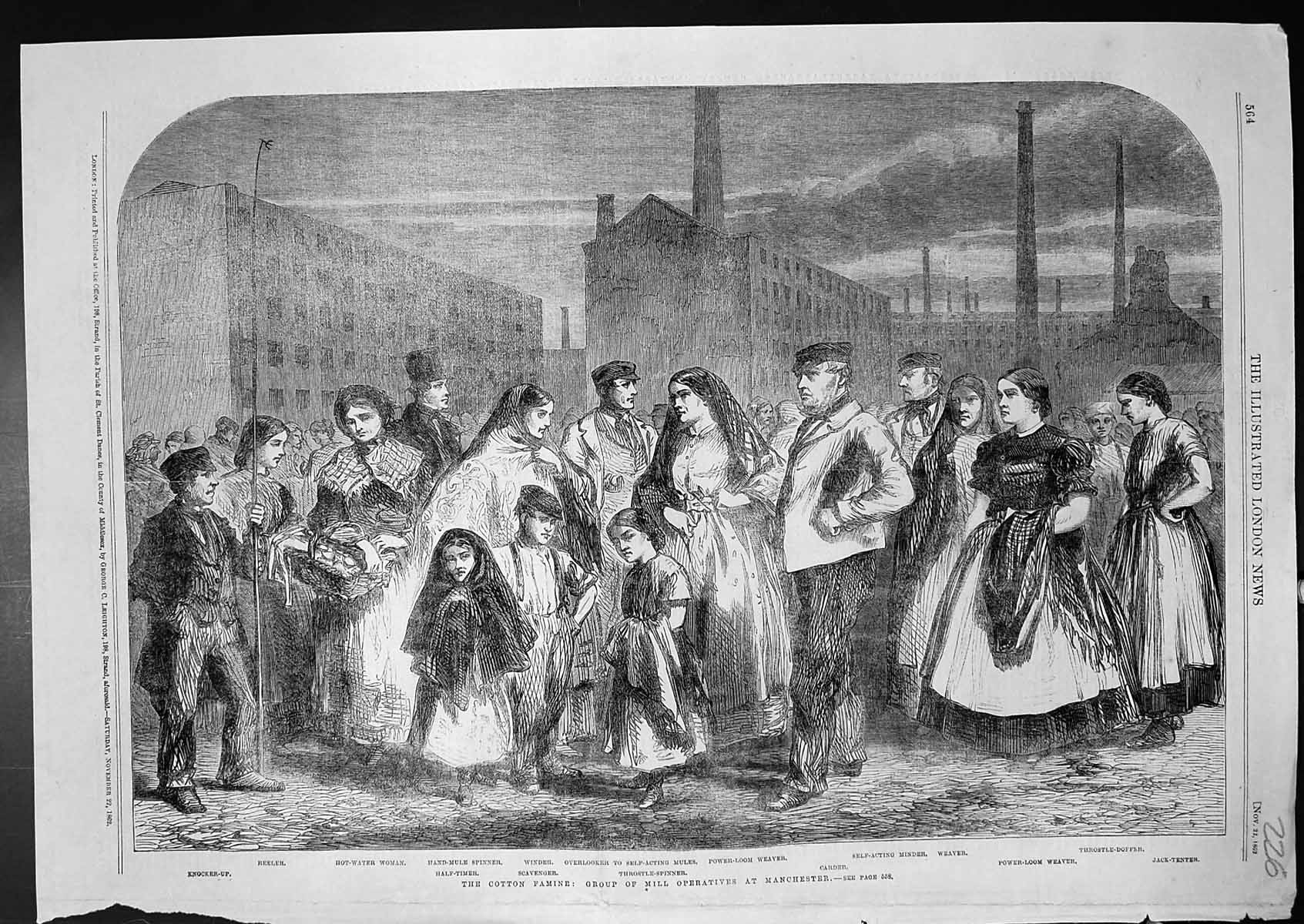 Original Old Antique Print Cotton Famine Group Mill Operatives Manchester 1862