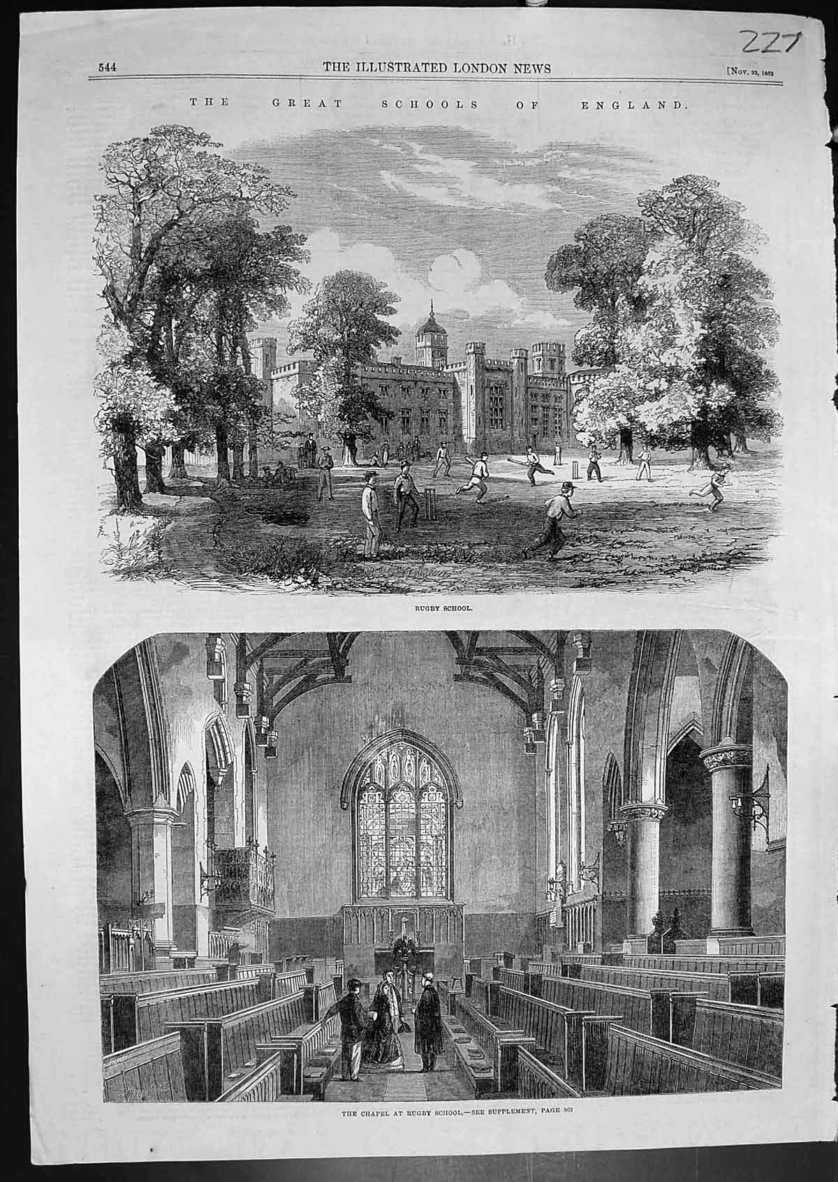 Antique Old Print Great Schools England Rugby School Chapel Rugby School 1862