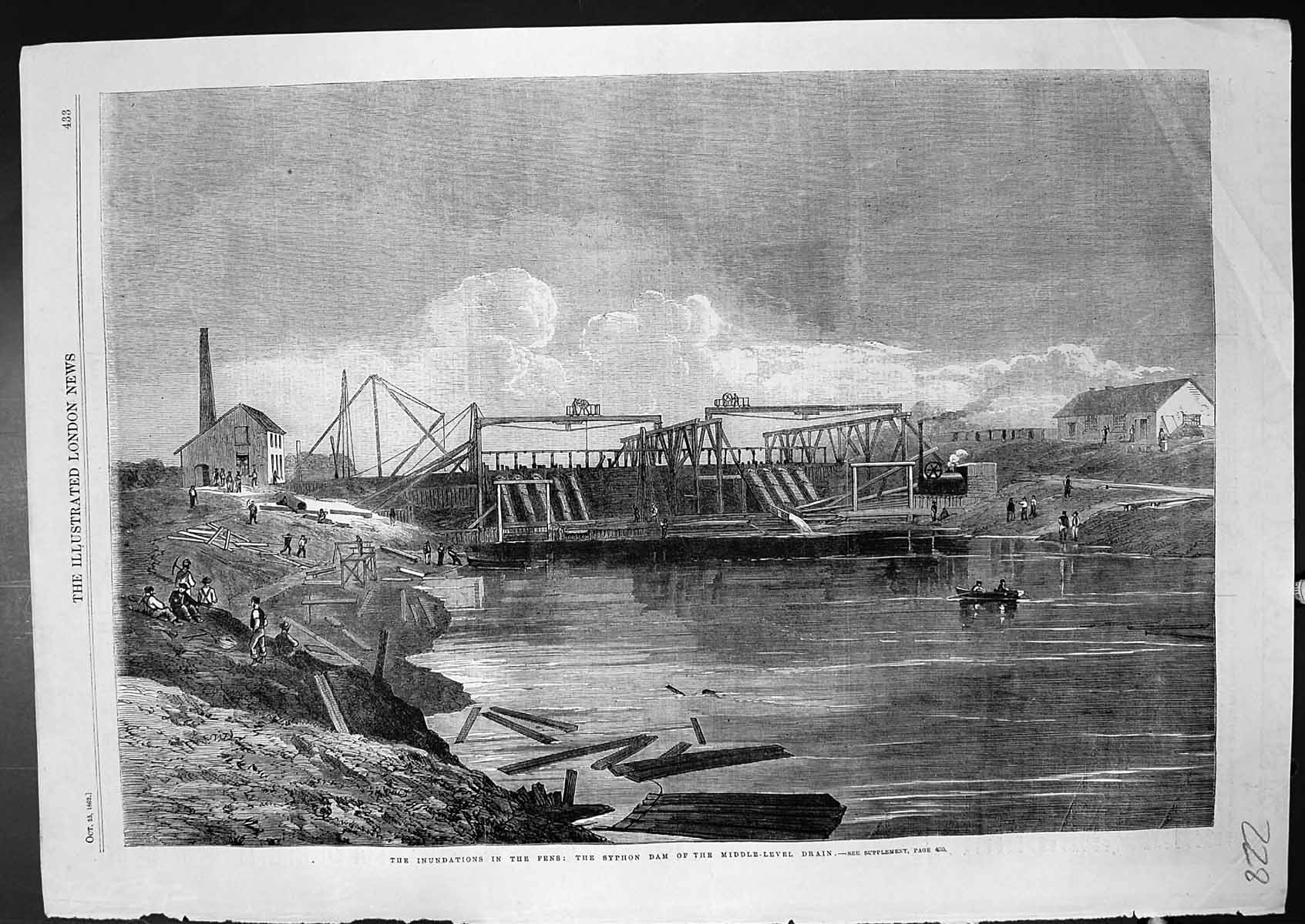 Original Old Antique Print Inundations Fens Syphon Dam Middle Level Drain 1862
