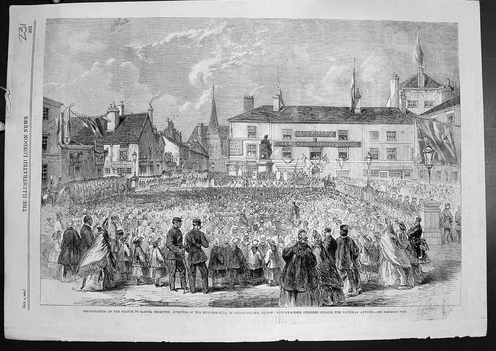 Old Print Inauguration Statue Samuel Crompton Inventor Spinning Mule 1862 19th