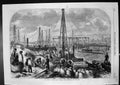 Original Old Antique Print Flood In Fens Making Cofferdam Workmen Boats 1862